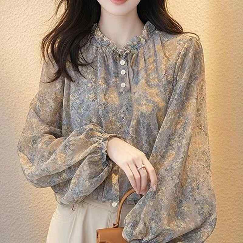 Other - ブラウス レディース 長袖 小花柄 シフォン トップス シャツ フレンチスタイル 春夏 クルーネック ワンショルダー フリル袖 ゆったり 通勤 オフィス 普段使い おしゃれ きれいめ フェミニン 総柄 マルチカラー プルオーバー 体型カバー 涼し