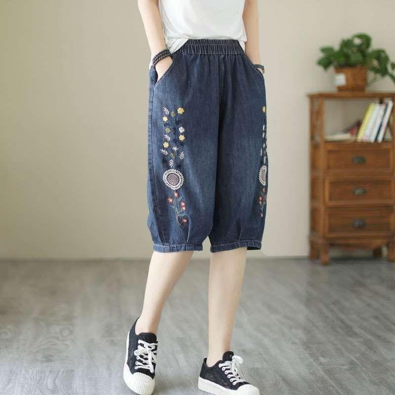デニムパンツ レディース ジーンズ 刺繍 薄手 七分丈 ズボン ボトムス ゆったり 大きいサイズ ヴィンテージ風 レトロ ゴム仕様 春夏 ハイウエスト ウォッシュ加工 サルエル バルーン コットン 青 ブルー 着まわし