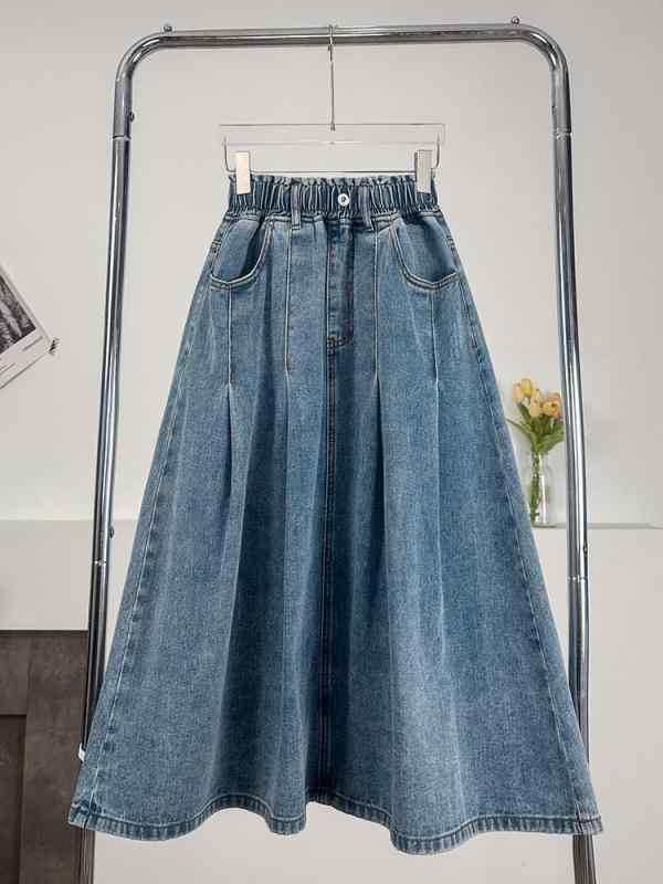 デニムスカート レディース 大きいサイズ Aライン フレア ミモレ丈 ロング ウエストゴム ぽっちゃり 体型カバー 春秋 ライトブルー 無地 ボタン シンプル カジュアル スパンデックス ゆったり きれいめ 着痩せ ボトムス