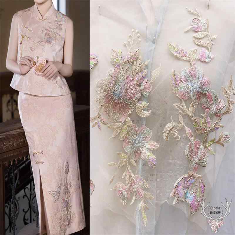 ワッペン アップリケ 中国風 蝶 花 刺繍 モチーフ レース パッチ ビーズ スパンコール 手芸 裁縫 資材 ハンドメイド 材料 DIY リメイク 洋服 補修 装飾 デコレーション アクセント 手縫い ワンピース チャイナドレス 舞台 衣装 ピンク