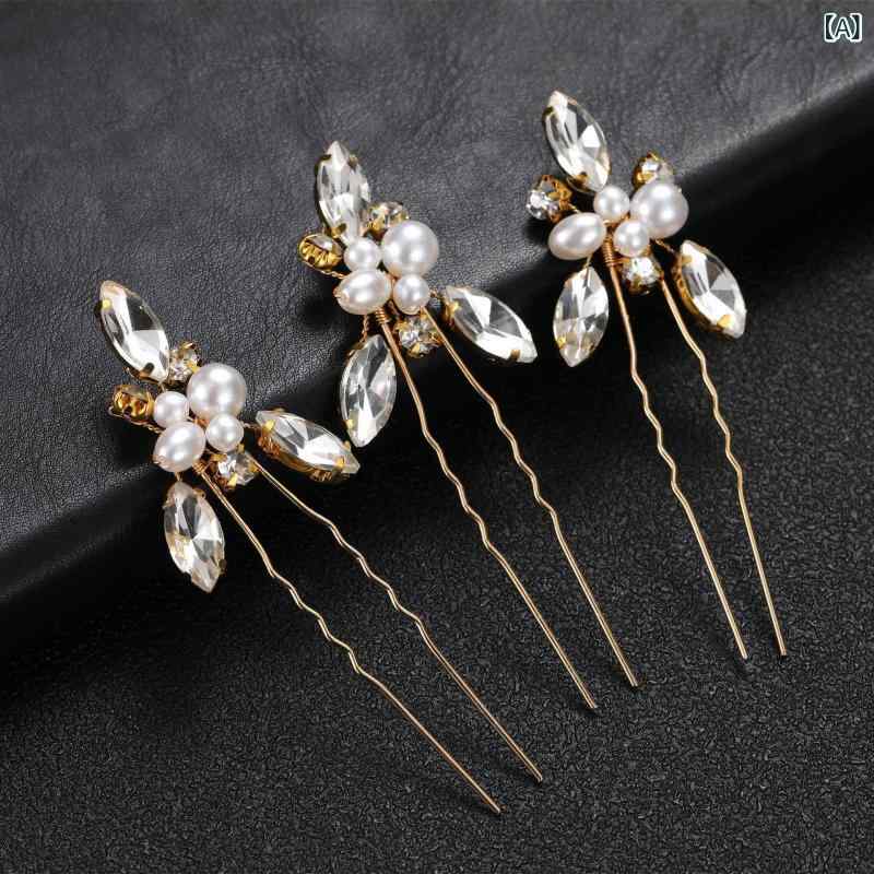 ヘアアクセサリー レディース かんざし 3個セット U字ピン パール ラインストーン ...