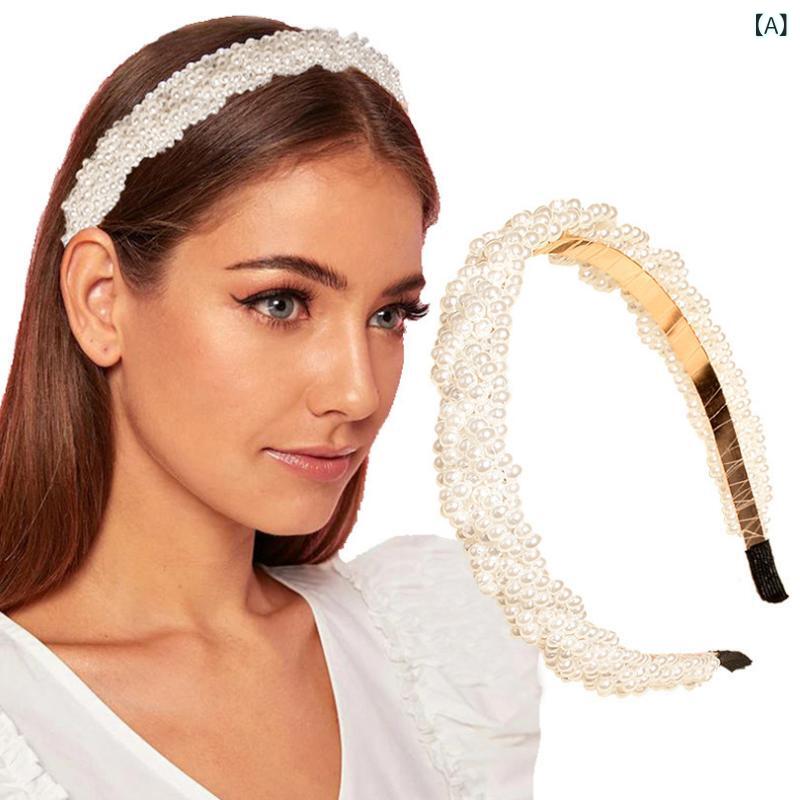 フロントップ楽天市場店のカチューシャ レディース ヘアアクセサリー 髪飾り ヘッドドレス バロック 欧米 韓国 結婚式 披露宴 パーティー ブライダル 花嫁 秋冬 パール クリスタル ジルコニア 編み込み ハンドメイド キラキラ 上品｜アングル2