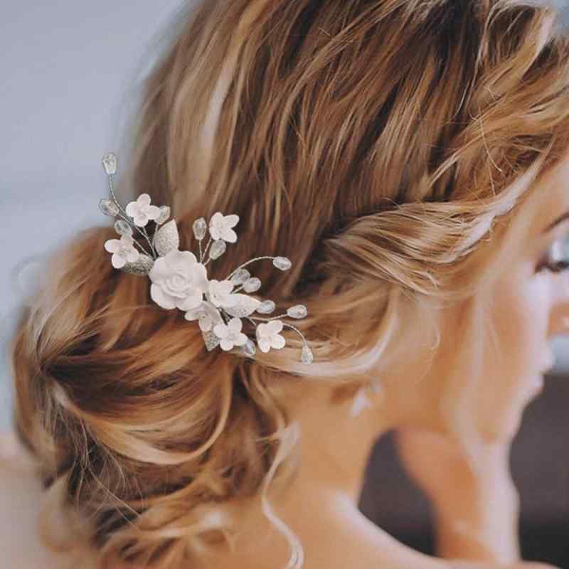 胸花 - ヘアコーム レディース 髪飾り ヘッドドレス かんざし 水晶 ジルコニア クリスタル ラインストーン フラワー ハンドメイド シルバー 華やか エレガント 春夏 民族風 アップスタイル ブライダル 結婚式 披露宴