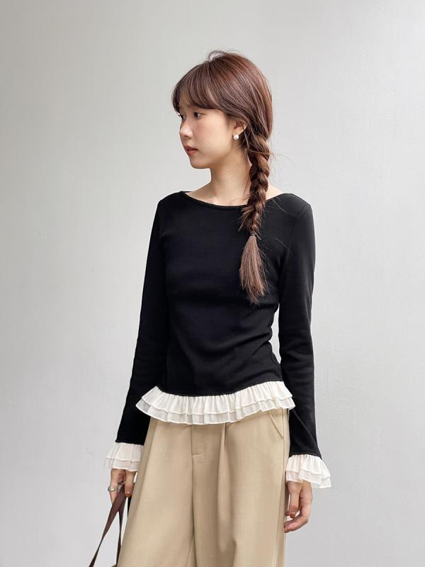 ・カテゴリ: Tシャツ・スタイル: 韓国カジュアル・主な素材: 綿・素材含有量: 95%以上・素材2: ポリウレタン・素材2含有量: 30%以下・柄: バイカラー・スタイル: クルーネック・袖丈: 長袖・加工: 高温セット・フィット感: スリム・着丈: 普通（約50〜65cm）・ネックライン: ハーフオープンカラー・袖の形: レギュラー・カラー展開: ブラック・サイズ展開: ワンサイズ（推奨体重40-60kg）