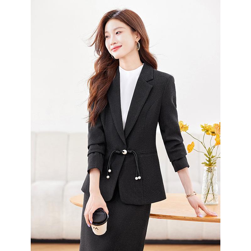 Pants Suit - セットアップ レディース スーツ ジャケット ブレザー スカート 膝丈 チャイナ ボタン 秋冬 長袖 上品 エレガント きれいめ 30代 通勤 オフィス フォーマル ポリエステル 無地 黒 アイボリー カジュアル