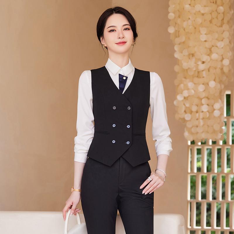 セットアップ レディース ベスト ビジネススーツ 春秋 上品 通勤 事務服 接客 ホテル ポリエステル レーヨン ブルー ブラック グレー パンツ スカート シャツ Vネック 前開き ボタン 無地 フォーマル きれいめ スタイリッシュ