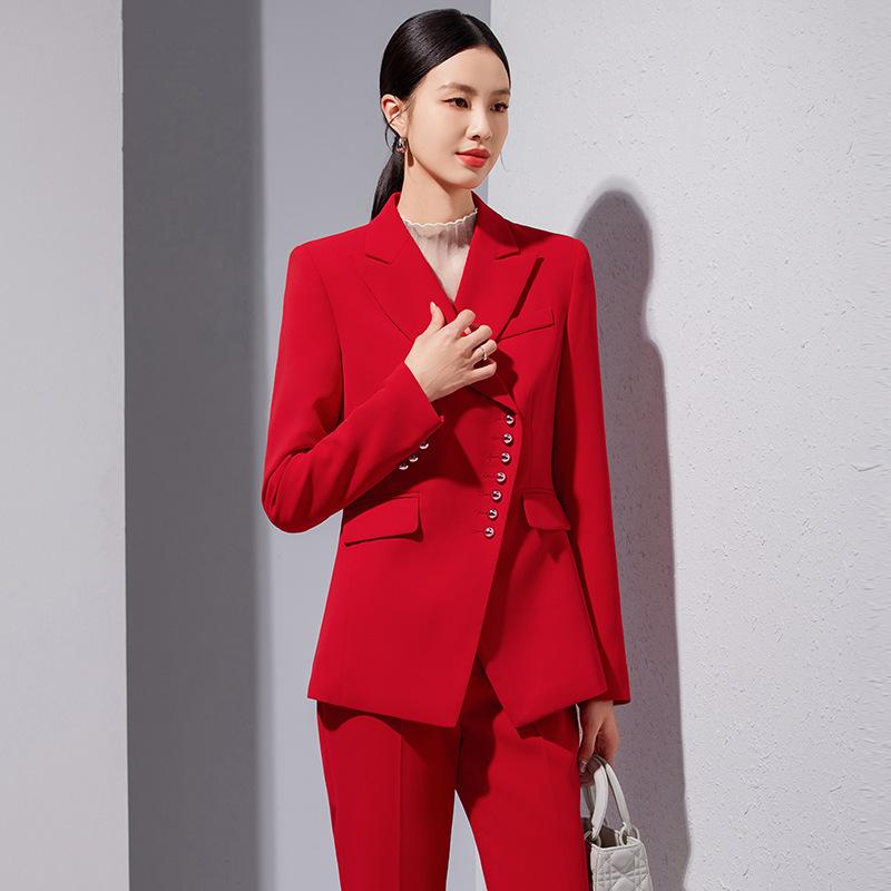 Pants Suit - セットアップ レディース 春秋 エレガント 事務服 フォーマル 司会 テーラードジャケット 長袖 ロングパンツ オフィス 通勤 ビジネススーツ ブラック レッド ポリエステル 無地 大人 きれいめ 上品 冠婚葬祭 仕事着