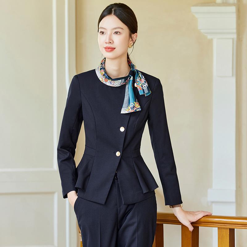 Suits For Job Interviews - セットアップ レディース 秋冬 スーツ ジャケット ロングパンツ スカート 上下セット 事務服 オフィス 通勤 美容院 受付 エレガント きれいめ パフスリーブ 長袖 グレー ネイビー ポリエステル 大きいサイズ