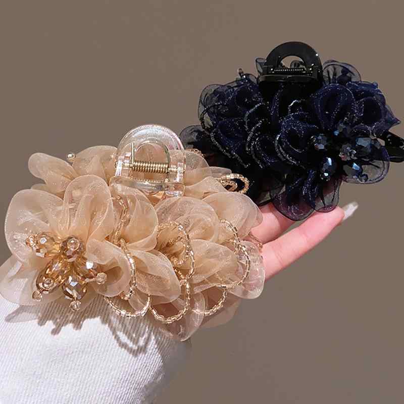 樂天商城 - ヘアクリップ レディース バンスクリップ 髪留め 上品 エレガント シフォン オーガンジー フラワー 花 モチーフ まとめ髪 ハーフアップ ヘアアクセサリー 韓国 ラインストーン ビジュー ボリュームアップ ブラック ネイビー シャンパン 華や