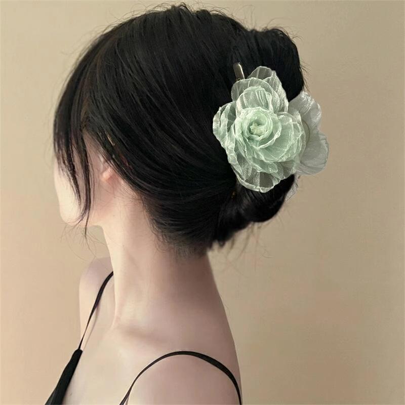 ・カテゴリ: ヘアアクセサリー、バンスクリップ・素材: プラスチック、樹脂、オーガンジー・: フラワー・カラー展開: グリーン、ライトブルー、ピンク、ライトパープル、シャンパン・対象: レディース・スタイル: スイート、バンスクリップ（大サイズ）・加工: ハンドメイド