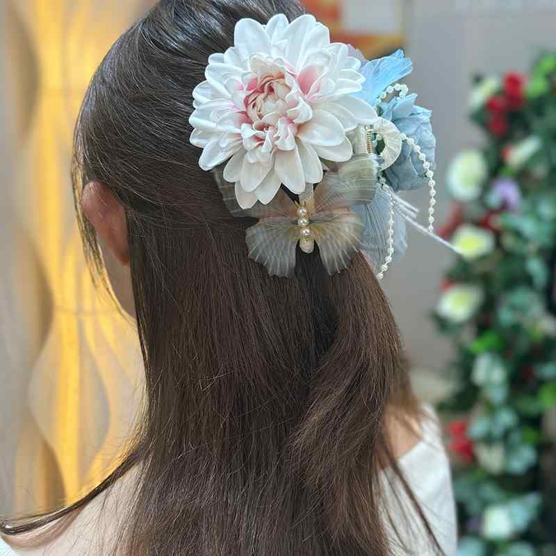 バンスクリップ レディース ヘアアクセサリー 髪留め 花 フラワー 蝶 バタフライ チュール メッシュ 韓国 大人かわいい ハーフアップ アレンジ フェミニン 上品 春夏 樹脂 普段使い 結婚式 お呼ばれ