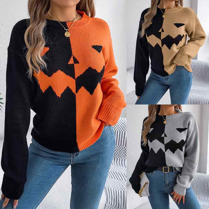 Rakuten - セーター レディース 秋冬 ハロウィン 幽霊 オバケ 南瓜 パンプキン 配色 アクリル ラウンドネック 長袖 プルオーバー ニット トップス カジュアル ストリート オレンジ カーキ グレー 暖かい 普段使い