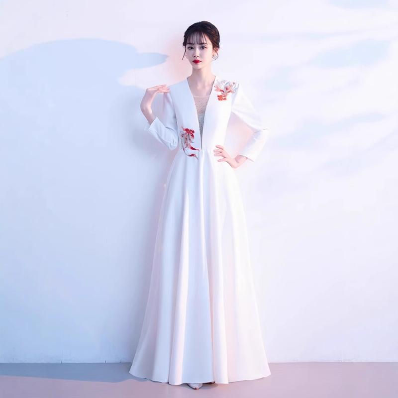 樂天商城 - ドレス レディース ロング 舞台 ステージ衣装 白 ホワイト Vネック 長袖 ハイウエスト Aライン グラデーション 春夏 ポリエステル 演奏会 発表会 結婚式 エレガント コーラス 合唱 司会 フォーマル