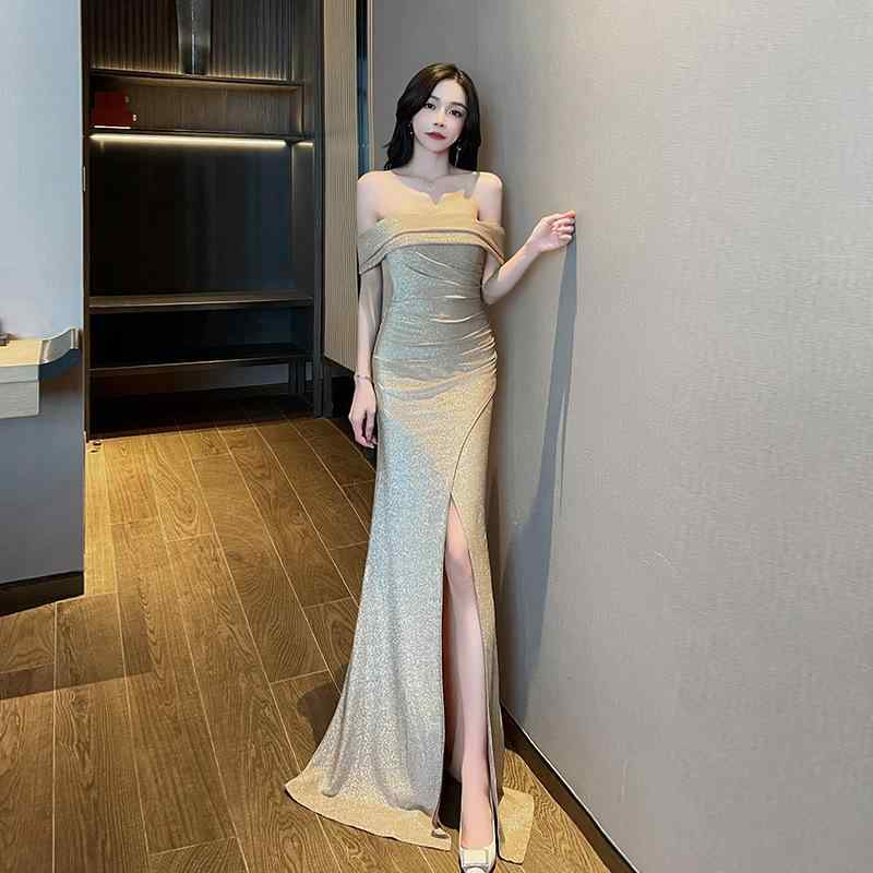 樂天商城 - ロングドレス レディース 長袖 オフショルダー スリット ハイウエスト ギャザー入り 露出度控えめ エレガント パーティー 結婚式 披露宴 演奏会 発表会 ゲスト 聚酯繊維 ブラック シルバー アイボリー