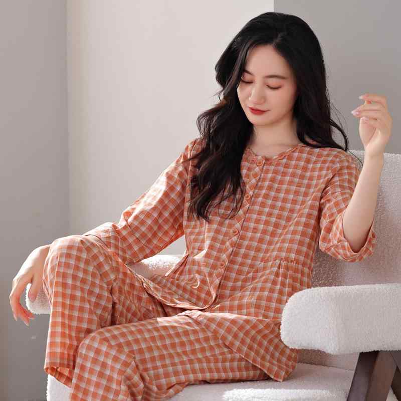 Rakuten - パジャマ レディース セットアップ ルームウェア 部屋着 春夏 綿 コットン 七分袖 ロングパンツ 長ズボン Vネック チェック柄 格子 薄手 通気性 大きいサイズ ゆったり カジュアル 寝巻き 快適 睡眠 普段使い