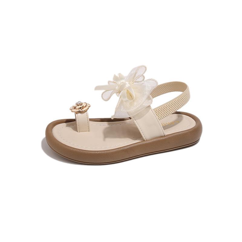 Shoes - サンダル 女の子 キッズシューズ 結婚式 リボン プリンセス オープントゥ ビーチ 春夏 おしゃれ かわいい ガーリー フェミニン 無地 合成革 ゴム底 滑り止め 蒸れない シルバー ベージュ 歩きやすい ぺたんこ
