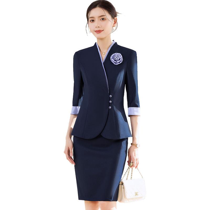 Rakuten - スーツ レディース セットアップ 上下セット パンツスーツ スカートスーツ 五分袖 春夏 事務服 制服 ビジネス 美容師 エステティシャン クリニック 受付 おしゃれ 上品 エレガント 伸縮性 ポリエステル ネイビー ブルー