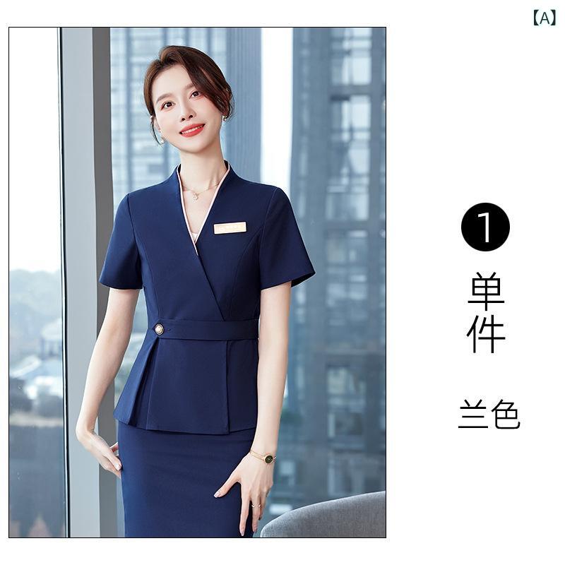 スーツ レディース 通勤 接客 事務服 セットアップ ビジネス フォーマル 半袖 ジャケット スカート パンツ 春夏 ブルー グレー ポリエステル 伸縮性 シワになりにくい エレガント きれいめ 涼しい