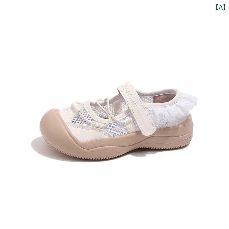 Other - サンダル 女の子 キッズ スポーツシューズ 春夏 通気性 メッシュ レース フリル かわいい プリンセス風 ガーリー お姫様 面ファスナー 合成革 フェイクレザー ゴム底 オフホワイト シルバー 軽量 履き心地 蒸れにくい 滑り止め クッション 屈曲