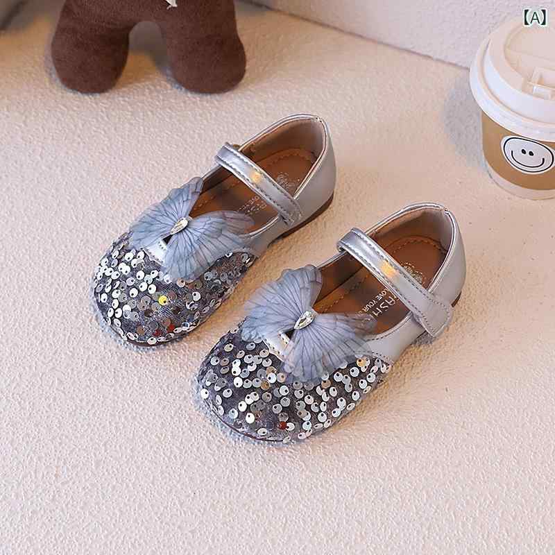 Formal Shoes - フラットシューズ 女の子 キッズ 子供靴 フォーマルパンプス スパンコール キラキラ ウィング リボン 面ファスナー 屈曲性 滑り止め 合成革 シルバー ホワイト プリンセス 韓国 発表会 結婚式 春秋