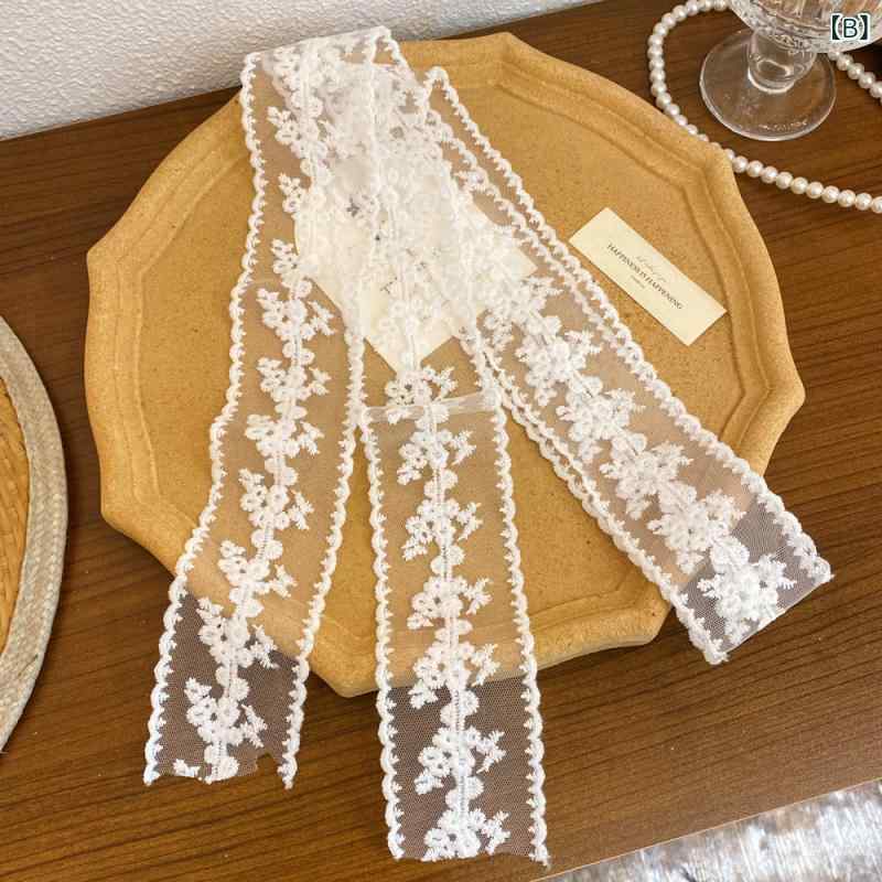 スカーフ レディース レース ロング リボン ヴィンテージ風 フレンチ 刺繍 ポリエステル チュール 春 黒 白 ベージュ ヘアバンド ヘアアクセサリー 髪飾り 細め おしゃれ かわいい きれいめ 上品 普段使い 通勤 フォーマル