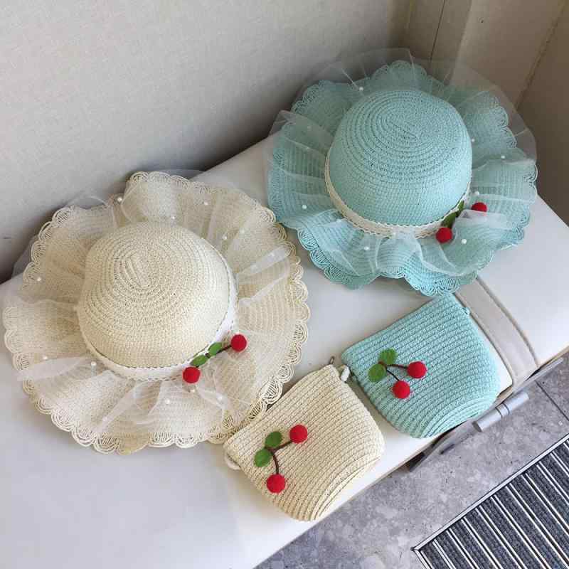 Hat - 麦わら帽子 キッズ 女の子 日よけ帽子 つば広 ストローハット レース さくらんぼ チェリー 紫外線対策 通気性 夏 海 ビーチ 旅行 お出かけ かわいい ガーリー バッグ セット ベージュ アイボリー ピンク