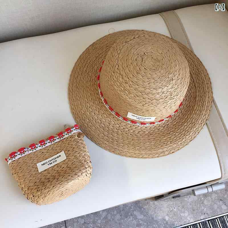 Hats - 麦わら帽子 キッズ 女の子 春夏 つば広 ハット 紫外線対策 通気性 手編み 花柄 リボン パナマ風 中折れ ペーパーストロー かわいい プリンセス お出かけ 海 レジャー 日除け機能 カーキ ベージュ ピンク