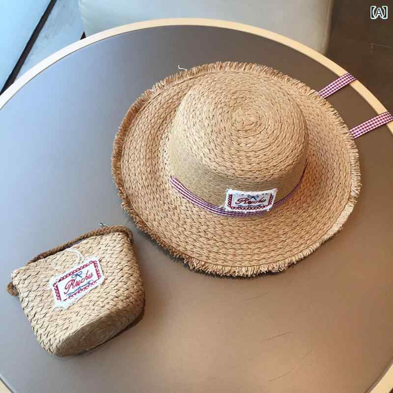 绅士帽 - 麦わら帽子 キッズ 女の子 春夏 ストローハット ペーパー素材 リボン 遮光 紫外線対策 UVケア 日除け 日焼け予防 つば広 フラット かわいい ガーリー ナチュラル エスニック カーキ ベージュ 海 ビーチ 旅行
