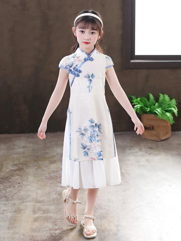 Occidental Goods - チャイナドレス 女の子 キッズ 子供服 ワンピース 漢服 中華風 春夏 薄手 軽量 通気性 柔らかい ポリエステル 柄 シャンパン ピンク おしゃれ かわいい 普段使い お出かけ パーティー エスニック カジュアル