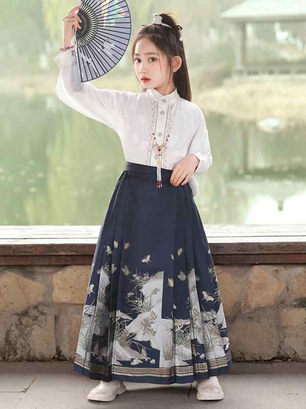 漢服 女の子 セットアップ 唐装 ロングスカート 発表会 中国風 民族衣装 伝統的 春秋 ポリエステル ネイビー 紺 かわいい おしゃれ 柔らかい パーティー ウエストゴム 華やか キッズ ステージ