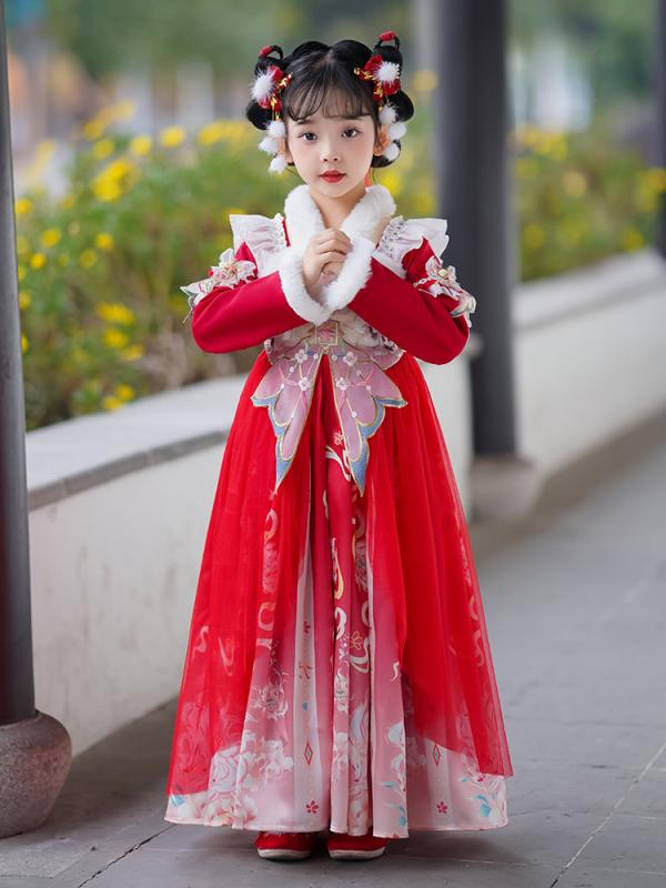 ワンピース 女の子 キッズ 漢服 唐装 秋冬 裏起毛 長袖 お正月 お祝い 普段使い 伝統的 古風 中国風 膝丈 ポリエステル 無地 柔らかい かわいい プリンセス ガーリー カジュアル 赤 ピンク 暖かい 防寒