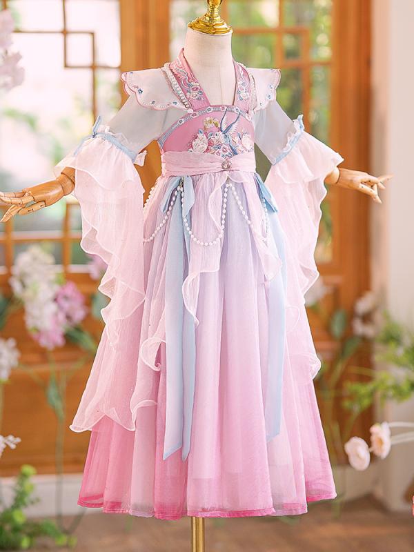 チャイナドレス 女の子 キッズ 中国風 ワンピース 唐装 花柄 レース チュール チュチュ プリンセス 姫系 かわいい 発表会 パーティー イベント 衣装 春秋
