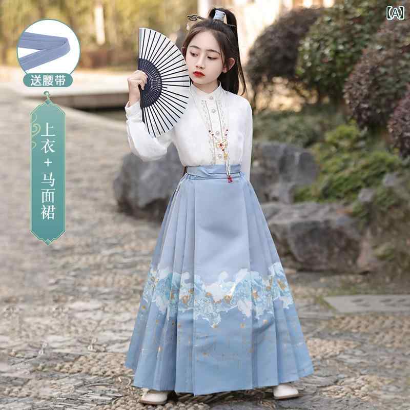 Occidental Goods - 唐装 女の子 キッズ セットアップ チャイナドレス風 漢服風 2点セット ブルー ポリエステル 古風 柄 プリンセススタイル カントリー 普段使い 七五三 イベント