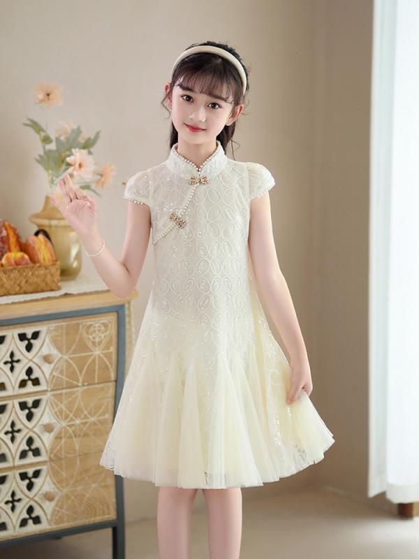 Rakuten - ワンピース 女の子 チャイナドレス 子供服 キッズ Aライン 膝丈 半袖 漢服 発表会 お呼ばれ 七五三 結婚式 ピアノ発表会 フォーマル 柔らかい ポリエステル ポリ混 コットン 香槟
