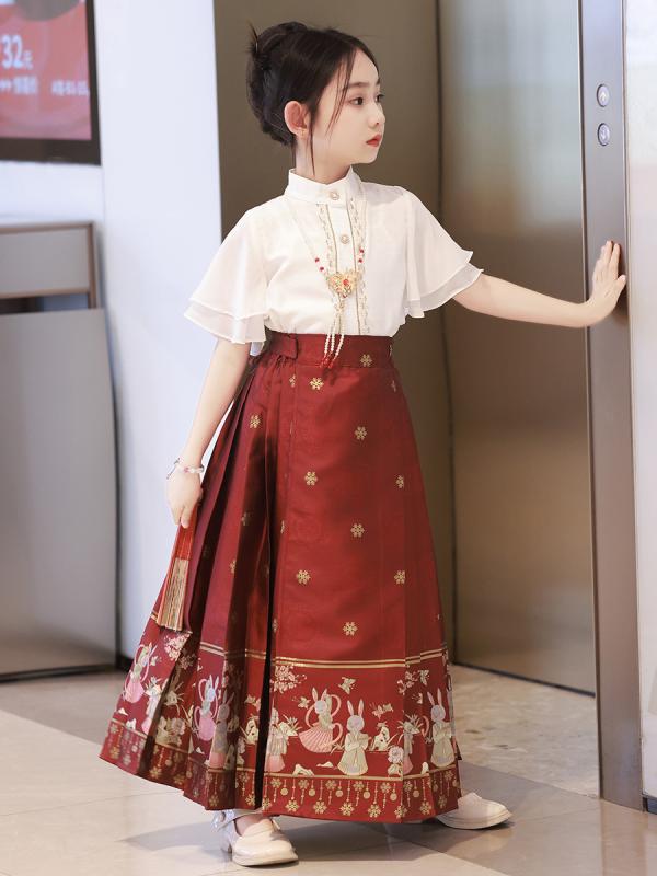 Occidental Goods - 子供 唐装セット 女の子 赤 漢服 馬面裙 民族衣装 中華風 プリンセス風 柄 ポリエステル 聚酯繊維 中大童 普段着 お出かけ