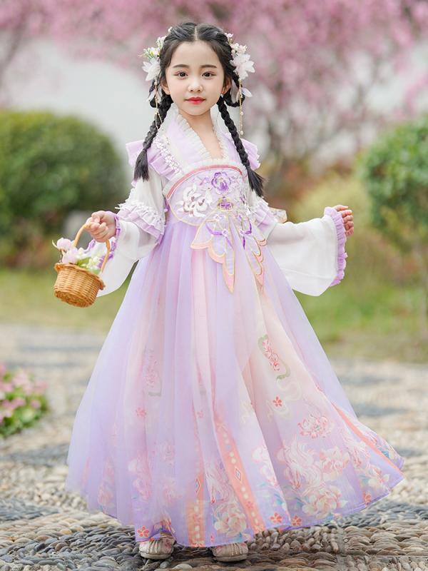 Occidental Goods - チャイナドレス 女の子 春秋 漢服 唐装 ワンピース 長袖 レトロ プリンセス リボン 中国風 聚酯繊維 かわいい