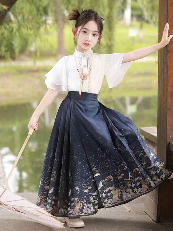 チャイナドレス 女の子 キッズ セットアップ 民族衣装 唐装 漢服 蔵青 プリンセス カントリー 柄 ポリエステル おしゃれ 可愛い 中大童