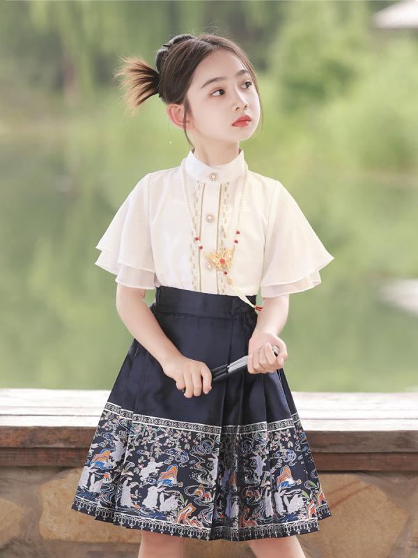 漢服 セットアップ 女の子 チャイナドレス風 馬面裙 半袖 上下セット 3点セット ジュニア キッズ 子供服 聚酯繊維 紺色 プリンセス風 かわいい 中国風 夏服