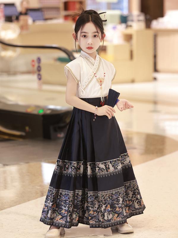Occidental Goods - チャイナドレス キッズ 女の子 セットアップ 唐装 漢服 馬面裙 半袖 交領トップス 民族衣装 中国風 聚酯繊維 柔らかい かわいい 柄 カジュアル 夏