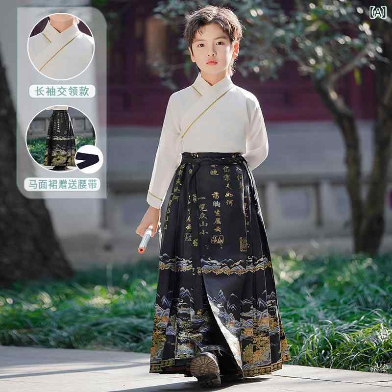 チャイナ服 男の子 キッズ セットアップ 馬面裙 唐装 中国風 民族衣装 聚酯繊維 夏 柔らかい 黒 白 的 おしゃれ カジュアル