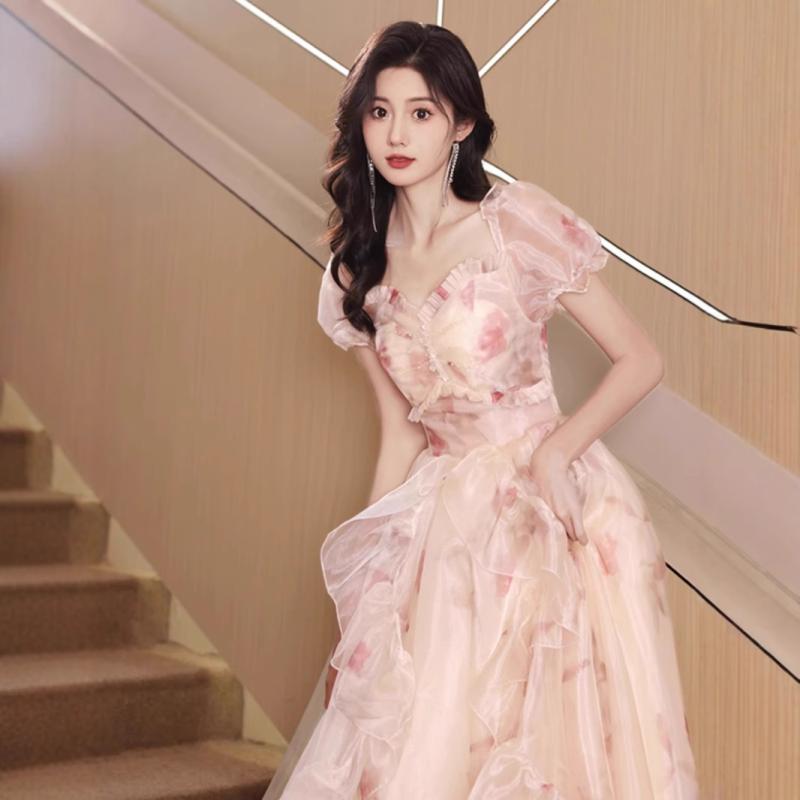 樂天商城 - パーティードレス レディース Aライン ロング丈 Uネック 半袖 演奏会 発表会 結婚式 二次会 披露宴 シャンパン ポリエステル 大人 フェミニン 立体 フレアシルエット