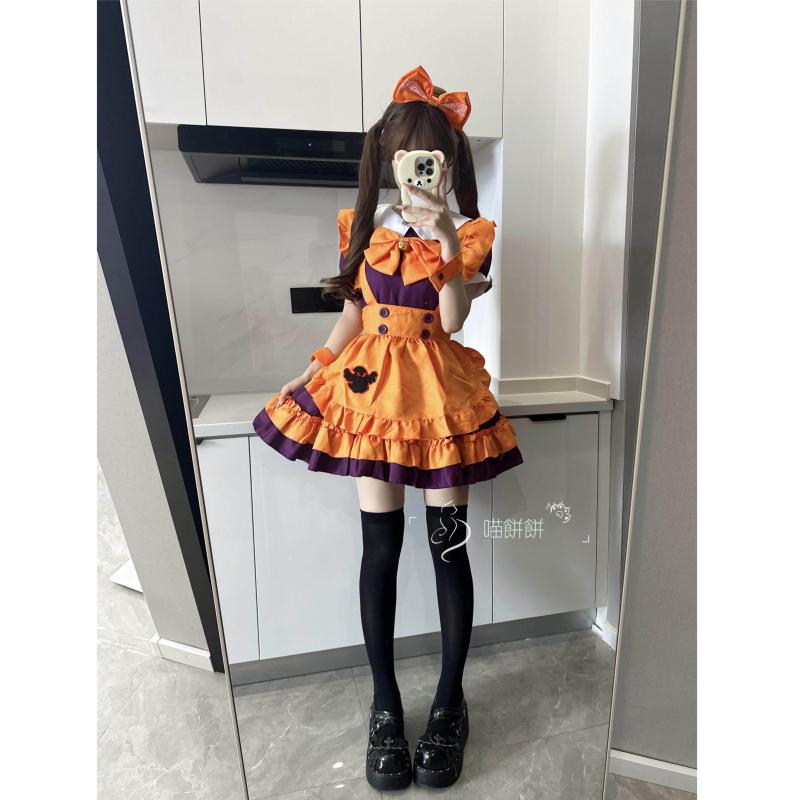 ハロウィン コスプレ レディース ワンピース ロリータ ドレス 仮装 イベント パーティー 小悪魔 かわいい メイド 衣装 パンプキン スカート ミニ 半袖 オレンジ 大きいサイズ