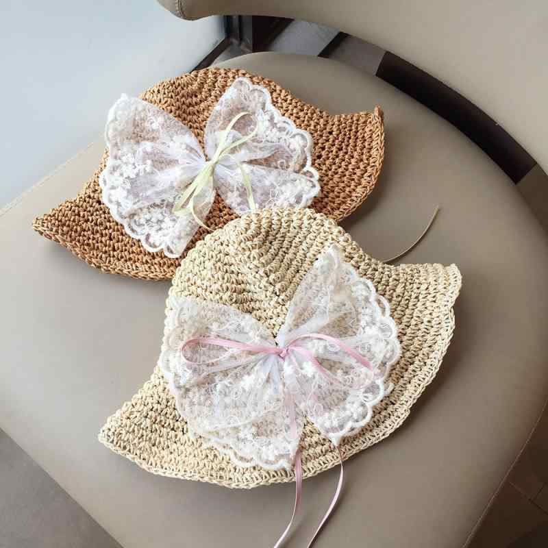 Hat - 麦わら帽子 キッズ 子供 女の子 レース リボン 50-52cm 春夏 つば広 紫外線対策 日よけ 遮光 通気性 ストローハット かわいい おしゃれ 編み込み ナチュラル 軽い ビーチ 旅行 リゾート カーキ ベージュ