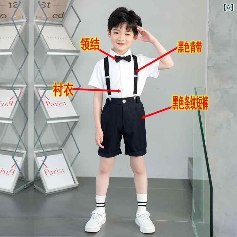 Suits, Tuxedos （Boys） - セットアップ キッズ 男の子 女の子 半袖 シャツ ハーフパンツ 短パン サスペンダー 蝶ネクタイ 上下セット 幼稚園 卒園式 発表会 制服 春夏 コットン 綿 ボタン カジュアル フォーマル かっこいい おしゃれ 黒 白
