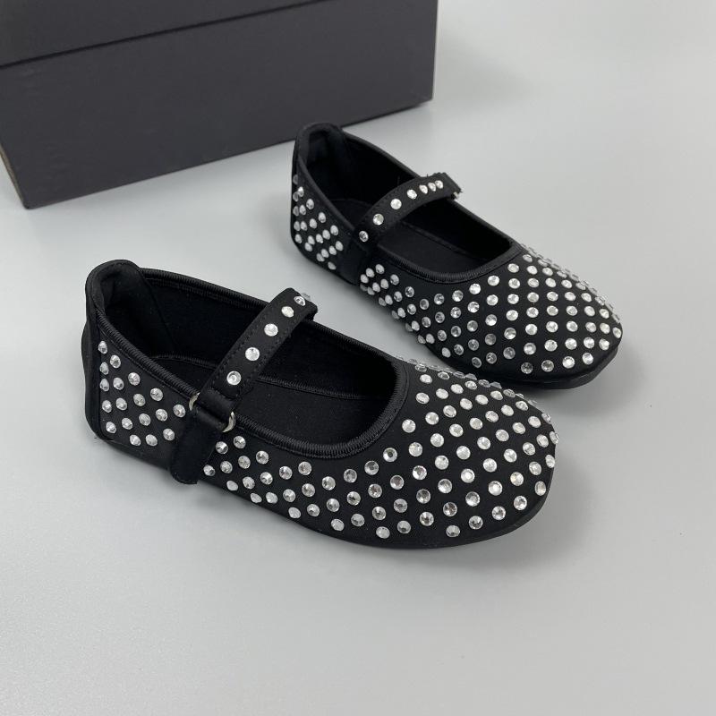 Formal Shoes - フラットシューズ 女の子 子供 キッズ プリンセス バレエ パンプス 春秋 面ファスナー ブラック マイクロファイバー 合成革 発表会 結婚式 入学式 柔らかい底 履き脱ぎしやすい かわいい フォーマル ダンス クリスタル