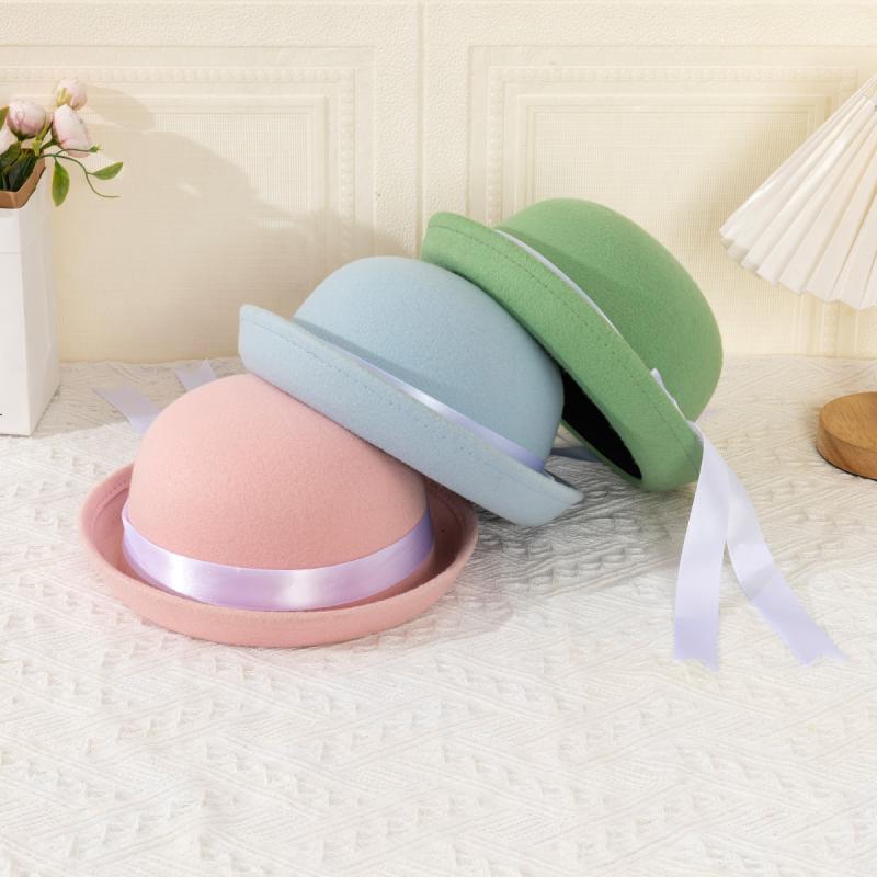 Hat - ボーラーハット レディース メンズ キッズ 帽子 丸型 ラウンドトップ スクール 制服風 幼稚園風 JK制服 かわいい フェルト風 ウール調 ポリエステル 通気性 保温 紫外線対策 日除け オールシーズン 普段使い 通学 リボン 飾り ピンク ネイビー