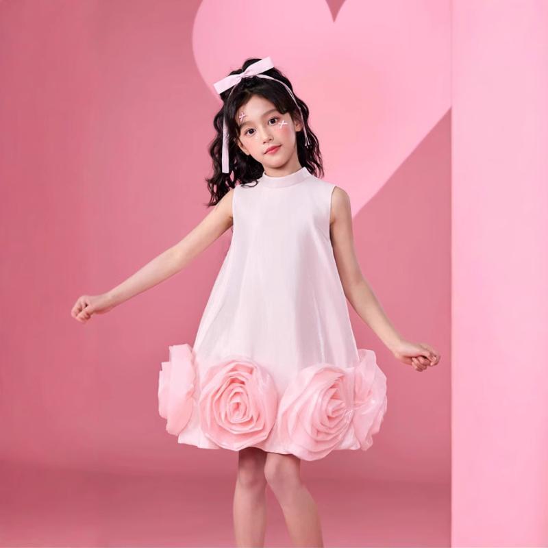 ワンピース 女の子 ドレス 子供服 キッズ 春夏 フォーマル 結婚式 発表会 パーティー フレンチスタイル ヘップバーン風 ローズ バラ ノースリーブ ピンク レッド 綿 ポリエステル 柔らかい かわいい プリンセス お出かけ