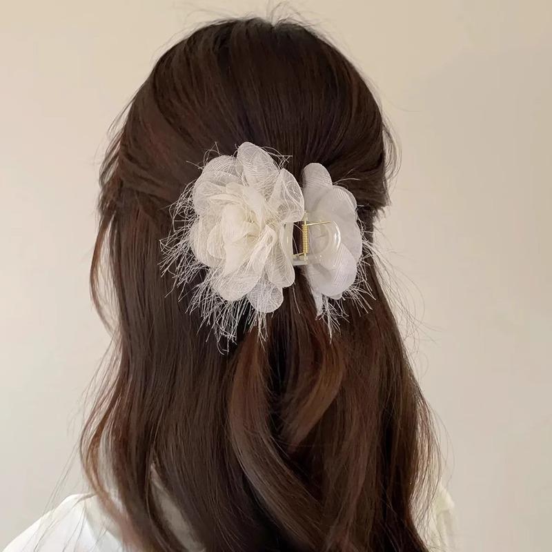 バンスクリップ レディース ヘアアクセサリー 髪留め 大きめ レース ローズ 花 韓国 フェミニン スウィート かわいい まとめ髪 ヘアアレンジ 春夏 黒 ピンク 白