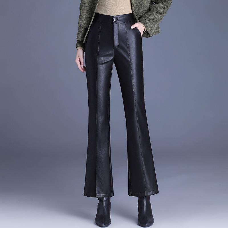 Cropped Pants - フレアパンツ レディース ロング丈 ハイウエスト PUレザー フェイクレザー 合成革 ブラック 通勤 オフィス カジュアル きれいめ おしゃれ タイト スリム セミフレア シンプル 厚手 秋冬 暖かい 美脚 脚長効果 ボトムス 無地 ズボン