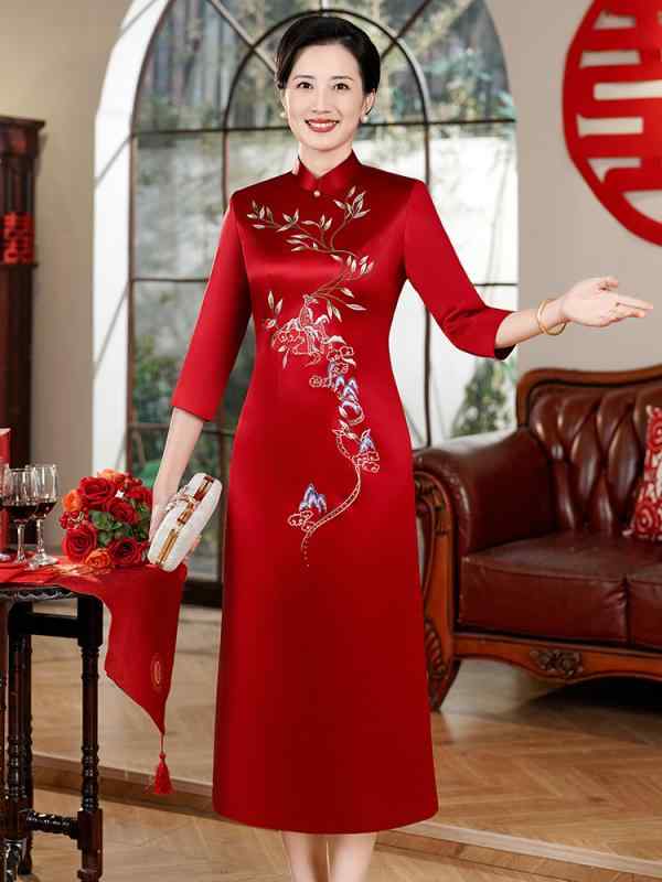 Nightwear - チャイナドレス レディース 七分袖 ミドル丈 刺绣 春夏 アセテート繊維 レトロ風 結婚式 パーティー 母親 ゲスト ワインレッド